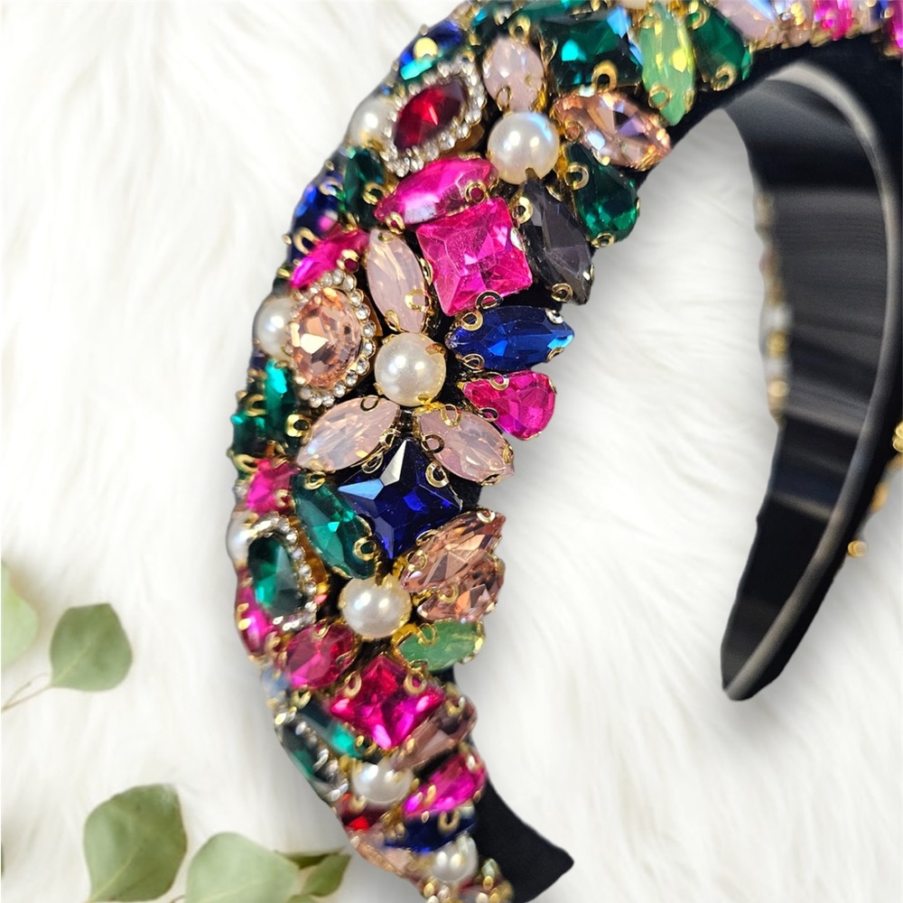 076 - Multicolor Rhinestone Sponge Hairband - Picture 6 of 7